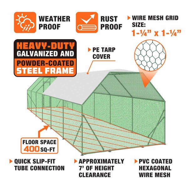 TMG Industrial 10’ x 40’ Wire Mesh Chicken Run Shelter Coop, Galvanized Steel, 400 Sq-Ft, Lockable Gate, PVC Coated Mesh, TMG-CRS1040 Hot on Sale - Image 3