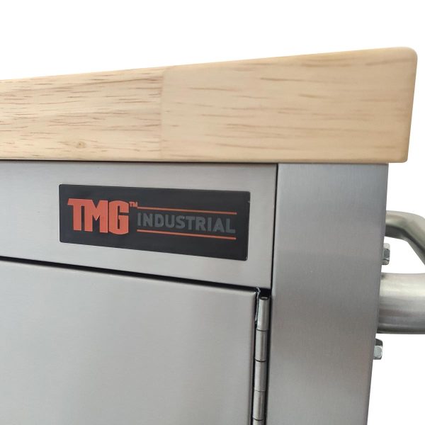 TMG Industrial 72” Stainless Steel Rolling Workbench, Rubberwood Tabletop, Lockable Drawers and Cabinet, Locking Wheels, TMG-WB7210S Online - Image 5
