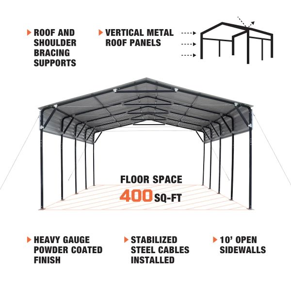 TMG Industrial 20’ x 20’ Metal Shed Carport, 10’ Open Sidewalls, 400 Sq-Ft, 27 GA Corrugated Panels, TMG-MSC2020 Cheap - Image 5