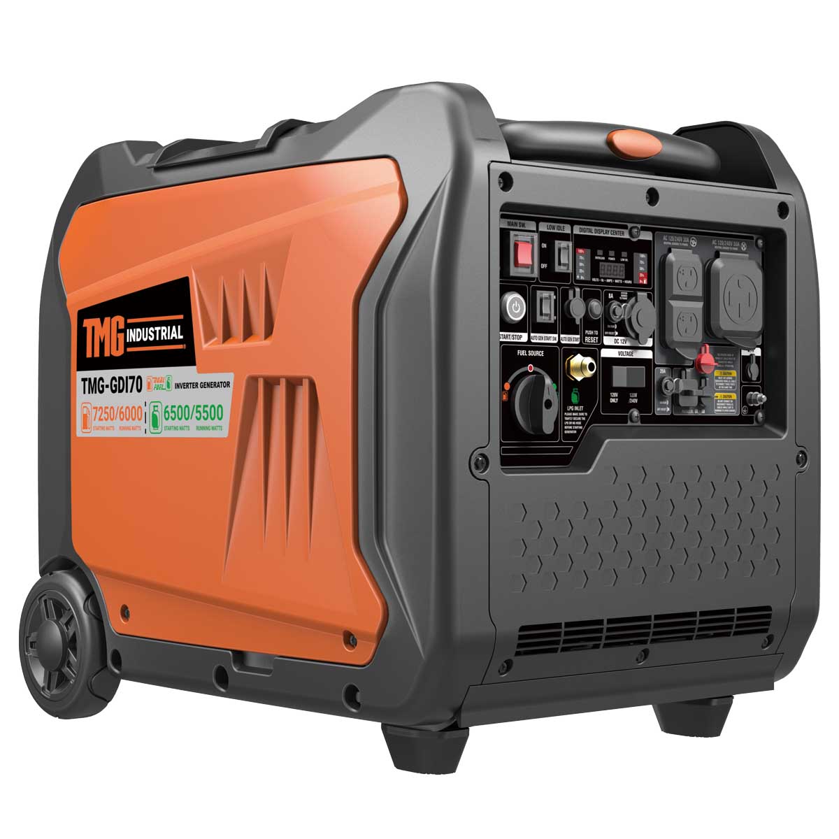TMG Industrial 7250 Watt Digital Inverter Hybrid Portable Generator, Dual Fuel Capability (Gas LPG), 6.5hrs 50% Load Run Time, CETL, ETL Certified For Canada US, EPA Emissions Compliance, TMG-GDI70 Supply