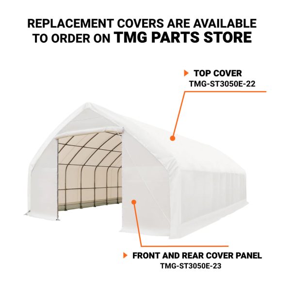 TMG Industrial 30  x 50  Straight Wall Peak Ceiling Storage Shelter with Heavy Duty 11 oz PE Cover & Drive Through Doors, TMG-ST3050E(Previously ST3050) For Discount - Image 3