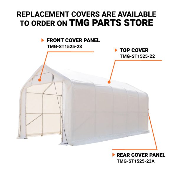 TMG Industrial 15’ x 25’ RV Motorhome Storage Shelter, 17 oz PVC Fabric Cover, Front Roll-Up Door, Enclosed Rear Wall, 3-Layer Galvanized Steel Frame, 10’ Straight Sidewalls, TMG-ST1525 For Cheap - Image 3