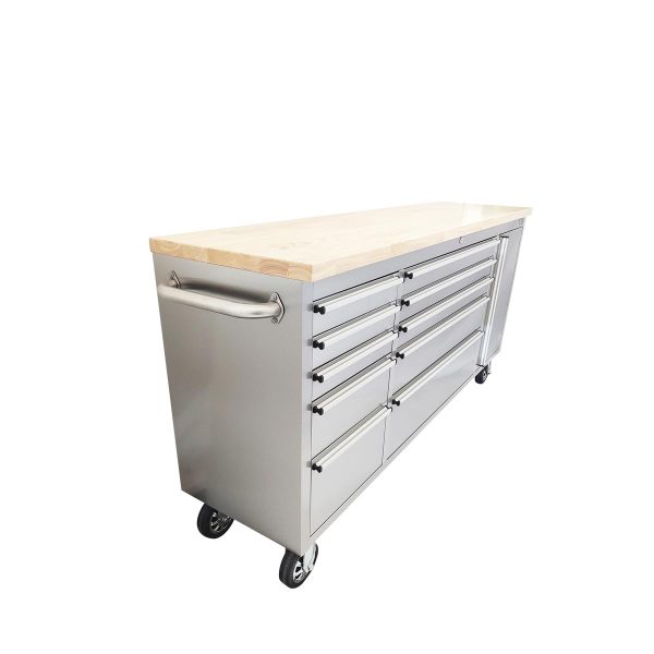 TMG Industrial 72” Stainless Steel Rolling Workbench, Rubberwood Tabletop, Lockable Drawers and Cabinet, Locking Wheels, TMG-WB7210S Online - Image 4