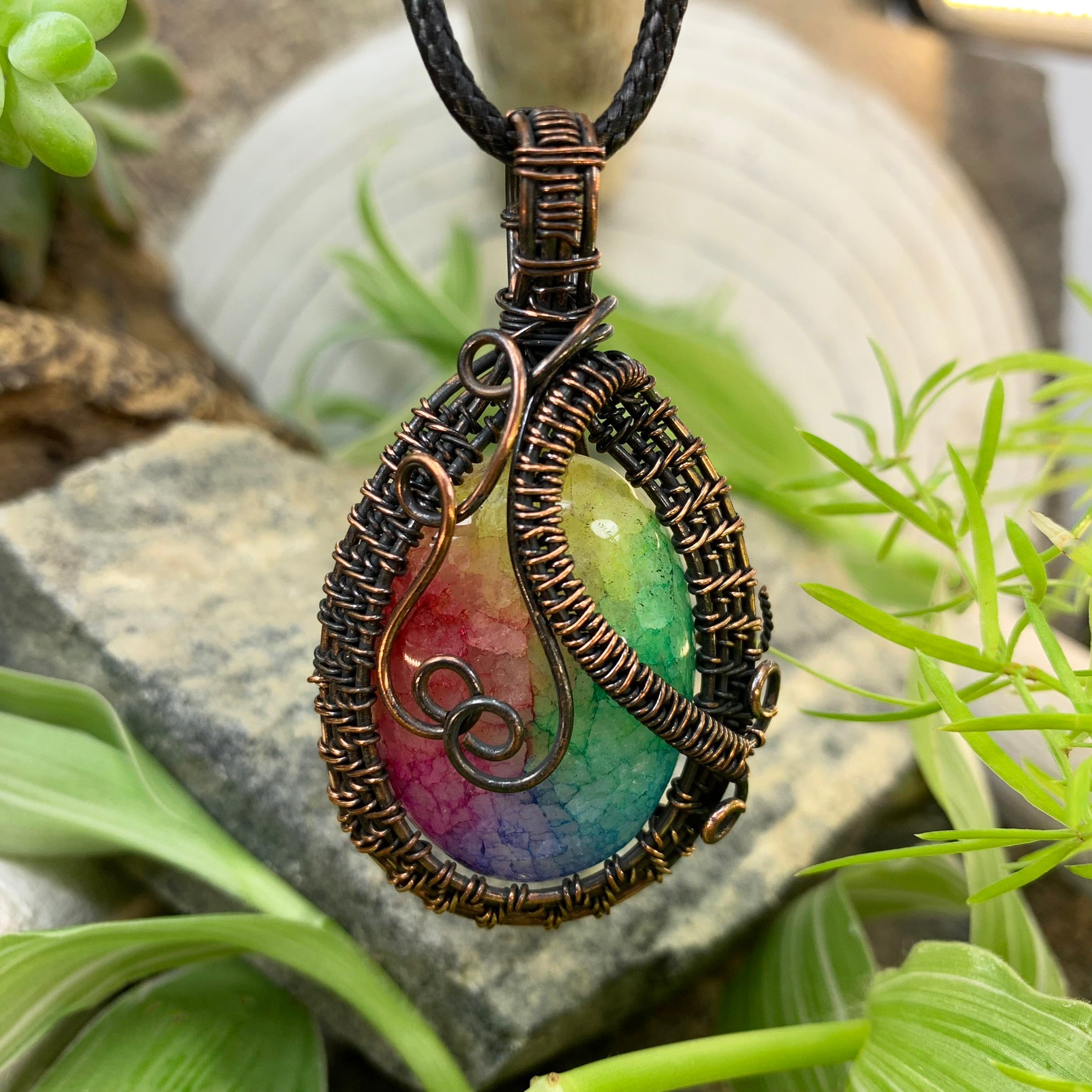 Rainbow Agate Copper Wire Pendant Necklace Fashion