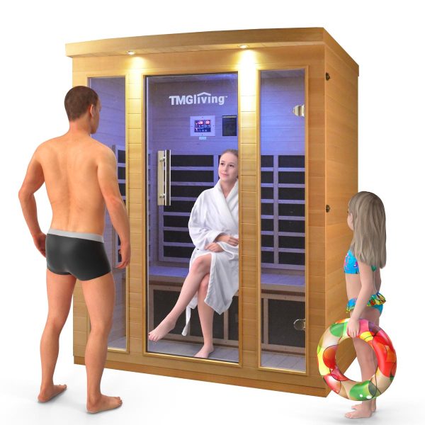 TMG LIVING 3 Person Indoor FAR Infrared Sauna Room, Natural Canadian Hemlock, Bluetooth Speakers, Tempered Glass Door, TMG-LSN30 For Sale