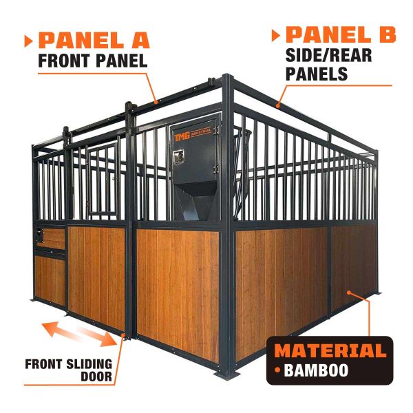 TMG Industrial 12’ Horse Stall Bamboo Panel, Vertical Bar Top, Front panel c w Window Feeder and Sliding Door, TMG-FHS13A and FHS13B Online Sale - Image 2