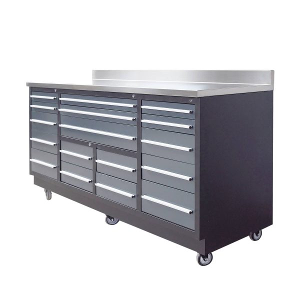 Pro Series 7-Ft 17-Drawer Workbench with Stainless Steel Top, Ball Bearing Double Slides & Casters, TMG-WB717 For Cheap