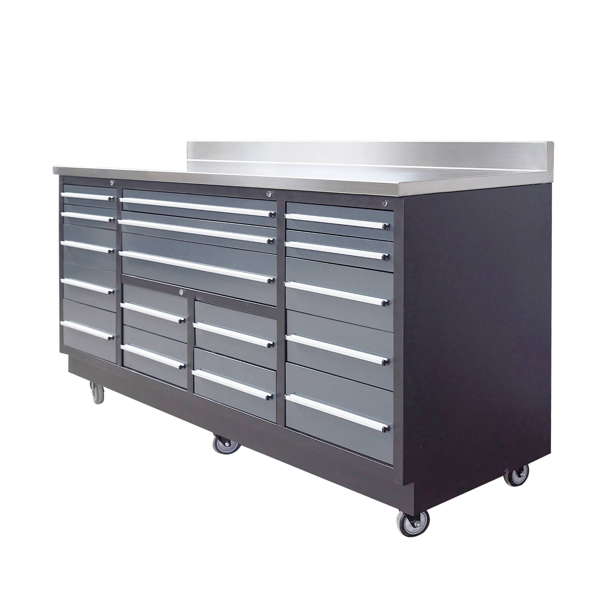 Pro Series 7-Ft 17-Drawer Workbench with Stainless Steel Top, Ball Bearing Double Slides & Casters, TMG-WB717 For Cheap