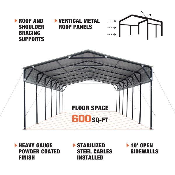 TMG Industrial 20’ x 30’ Metal Shed Carport, 10’ Open Sidewalls, 600 Sq-Ft, 27 GA Corrugated Panels, TMG-MSC2030 Discount - Image 3