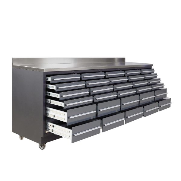 Pro Series 9-Ft 30-Drawer Workbench with Stainless Steel Top, Ball Bearing Double Slides & Casters, TMG-WB930 Online - Image 4