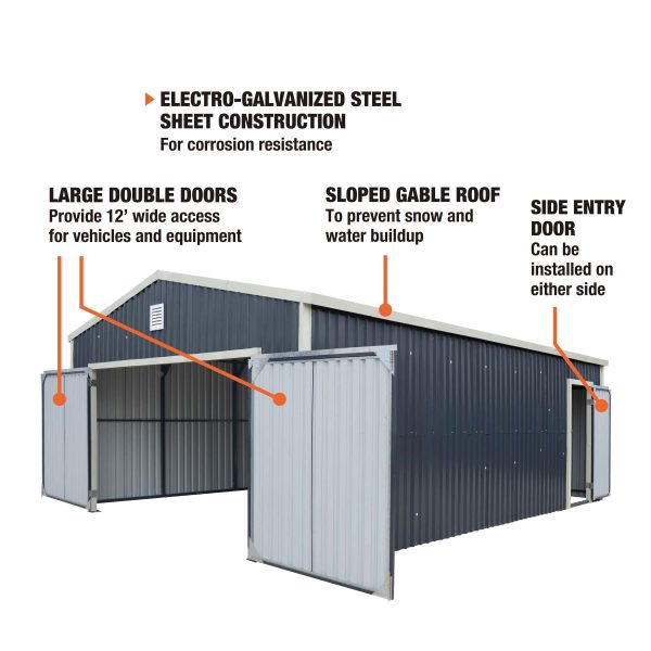 TMG Industrial 16’ x 24’ Metal Garage Shed with Double Front Doors, 10’ Peak Height, Side Entry Door, 384 Sq-Ft Floor Space, TMG-MS1624 Online Sale - Image 5