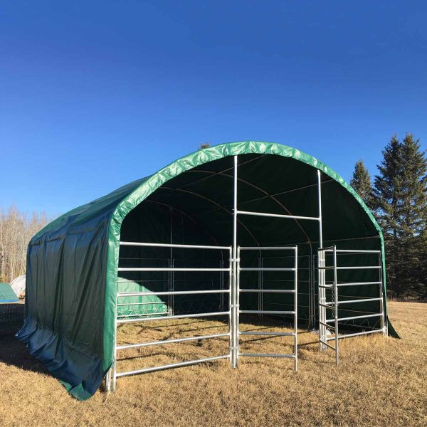 TMG Industrial 20’ x 20’ Livestock Corral Shelter, Powder Coated Structure, 12’ Dome Roof, 17 oz Military Green PVC Fabric Covering, 6-Bar Corral Panels, 5’ Front Swing Gate, TMG-ST2020L on Sale - Image 3